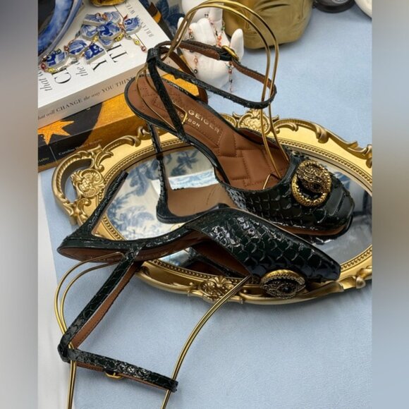 🆕 KURT GEIGER LONDON 🧿 NWOB Chelsea Ankle Strap Heel, Green Snakeskin, Sz 37 7 - Picture 11 of 15
